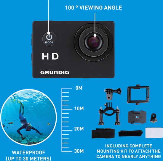 Grundig - Action Camera HD720P - Onderwatercamera - Waterdicht tot 30M - 2"LCD Scherm - Incl. Verschillende Accessoires - Bewegingsdetectie - Zwart