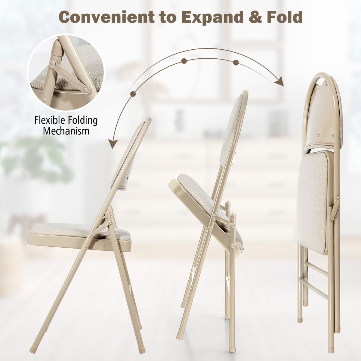 Coast 4-Delige Draagbare Klapstoelen Set – Metalen Frame, Gevoerde Zitting en Stof Beklede Rugleuning, Beige, 47 x 50 x 88,5 cm