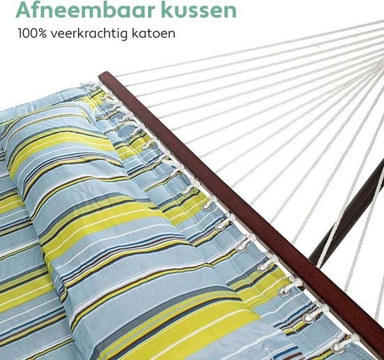 Vita5 Hangmat met Standaard en Spreidstok – 2 Persoons – Afneembaar kussen – Weerbestendig – Blauw/Groen