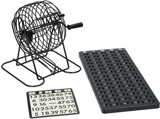 Zwarte Bingomolen met Speelbord Bingokaarten en Fiches