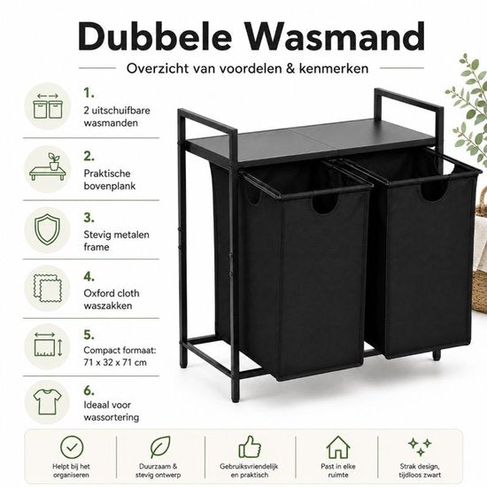 Ceruzo Dubbele Wasmand – Uitschuifbaar – Was Sorteren – Zwart