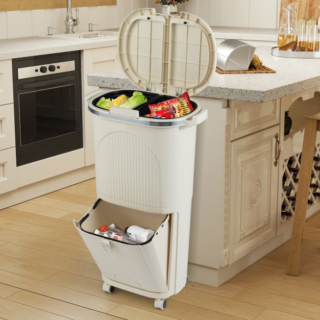 Coast Afvalscheidingsbak Beige – 38L Prullenbak met 3 Vakken, Pedaal en Wielen – 43 x 29 x 74,5 cm