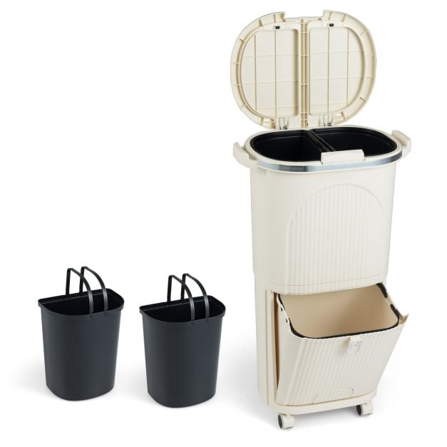 Coast Afvalscheidingsbak Beige – 38L Prullenbak met 3 Vakken, Pedaal en Wielen – 43 x 29 x 74,5 cm