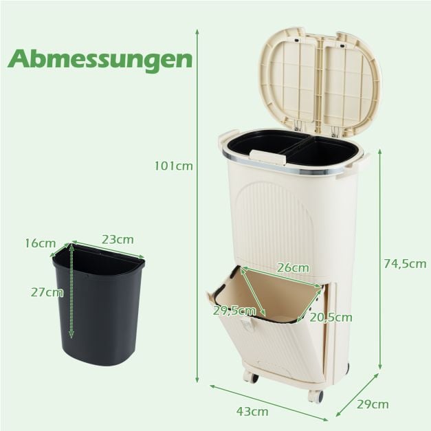 Coast Afvalscheidingsbak Beige – 38L Prullenbak met 3 Vakken, Pedaal en Wielen – 43 x 29 x 74,5 cm