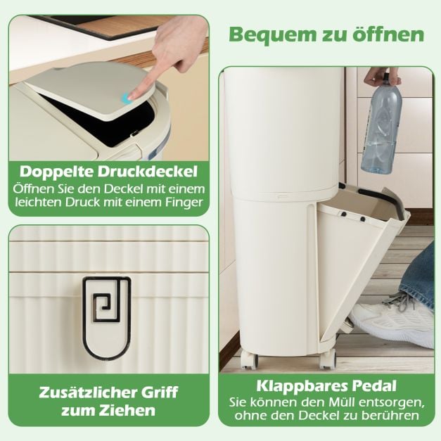 Coast Afvalscheidingsbak Beige – 38L Prullenbak met 3 Vakken, Pedaal en Wielen – 43 x 29 x 74,5 cm