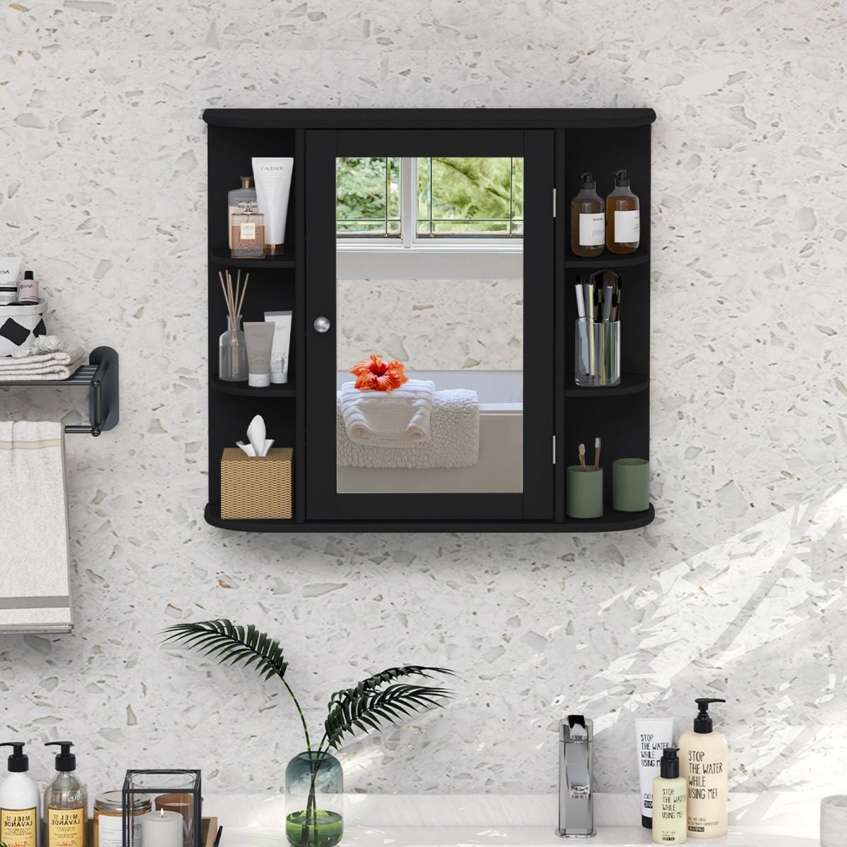 coast Spiegelkast Badkamer – 66×17×62 cm – Zwart – Wandkast met Spiegeldeur & Open Planken
