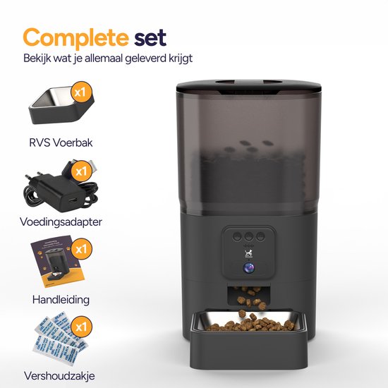 Viervoeter Feed Pro - Automatische Voerbak 6L - HD camera & Audio - Kat en Hond - Voerautomaat met App - Zwart