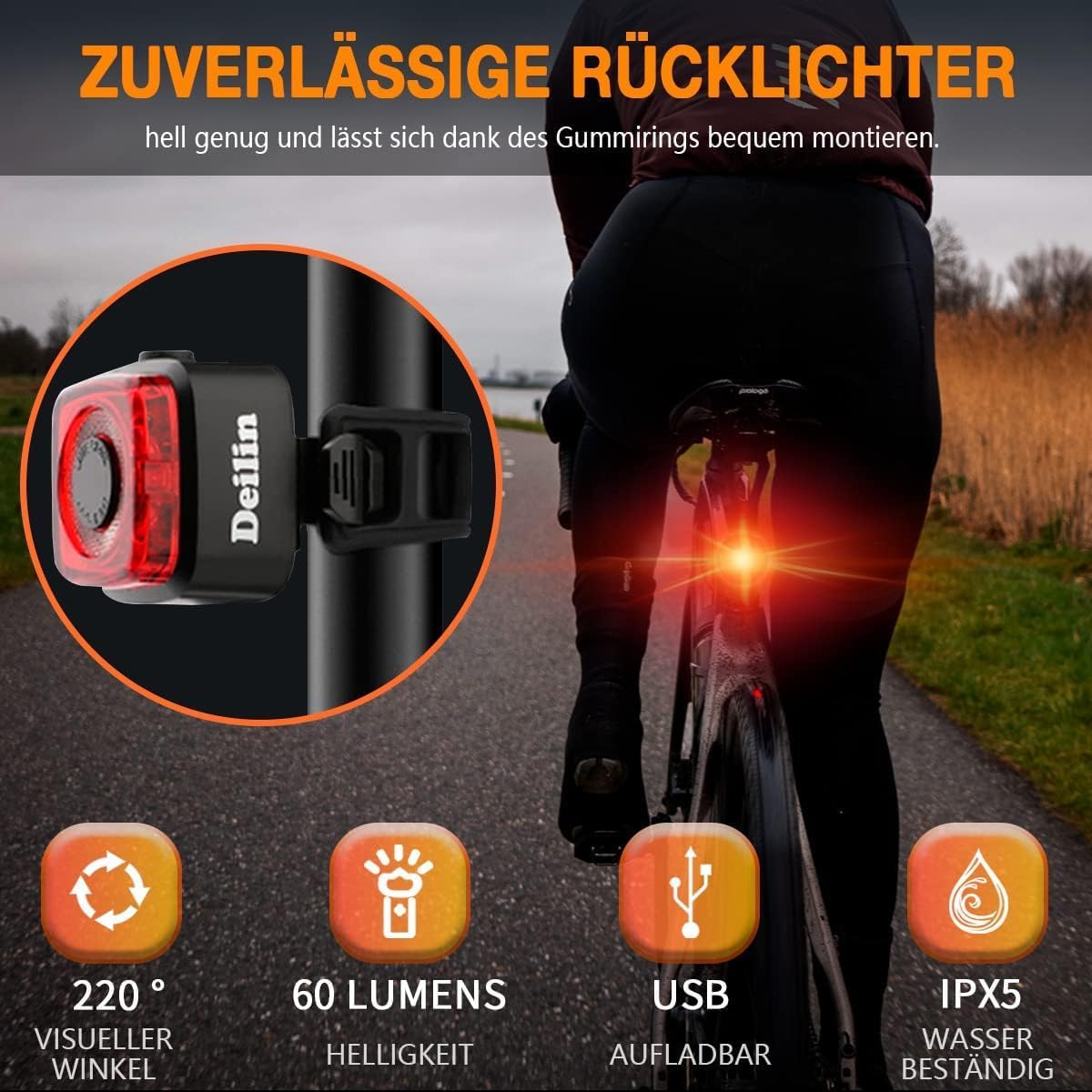 Deilin Fietsverlichting Set Premium – Voorzien Van Slimme Helderheidsregeling En Batterij-indicator En Ipx5 Waterdicht Frame – Voor Stuurmontage En Rijveiligheid – Zwart Polycarbonaat – 100 Lux