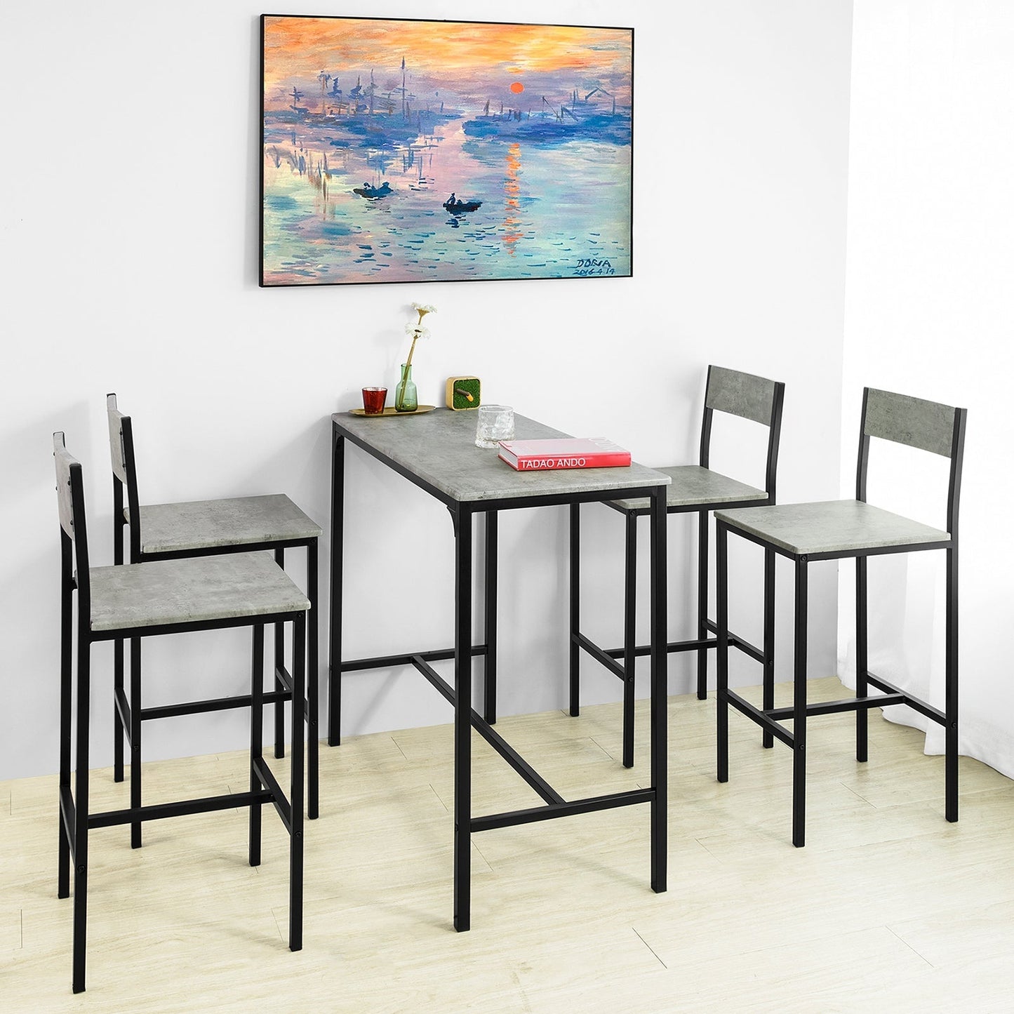 SoBuy Bartafel + 4 Krukken met rugleuning - Modern - max. 120 kg - Grijs / Zwart