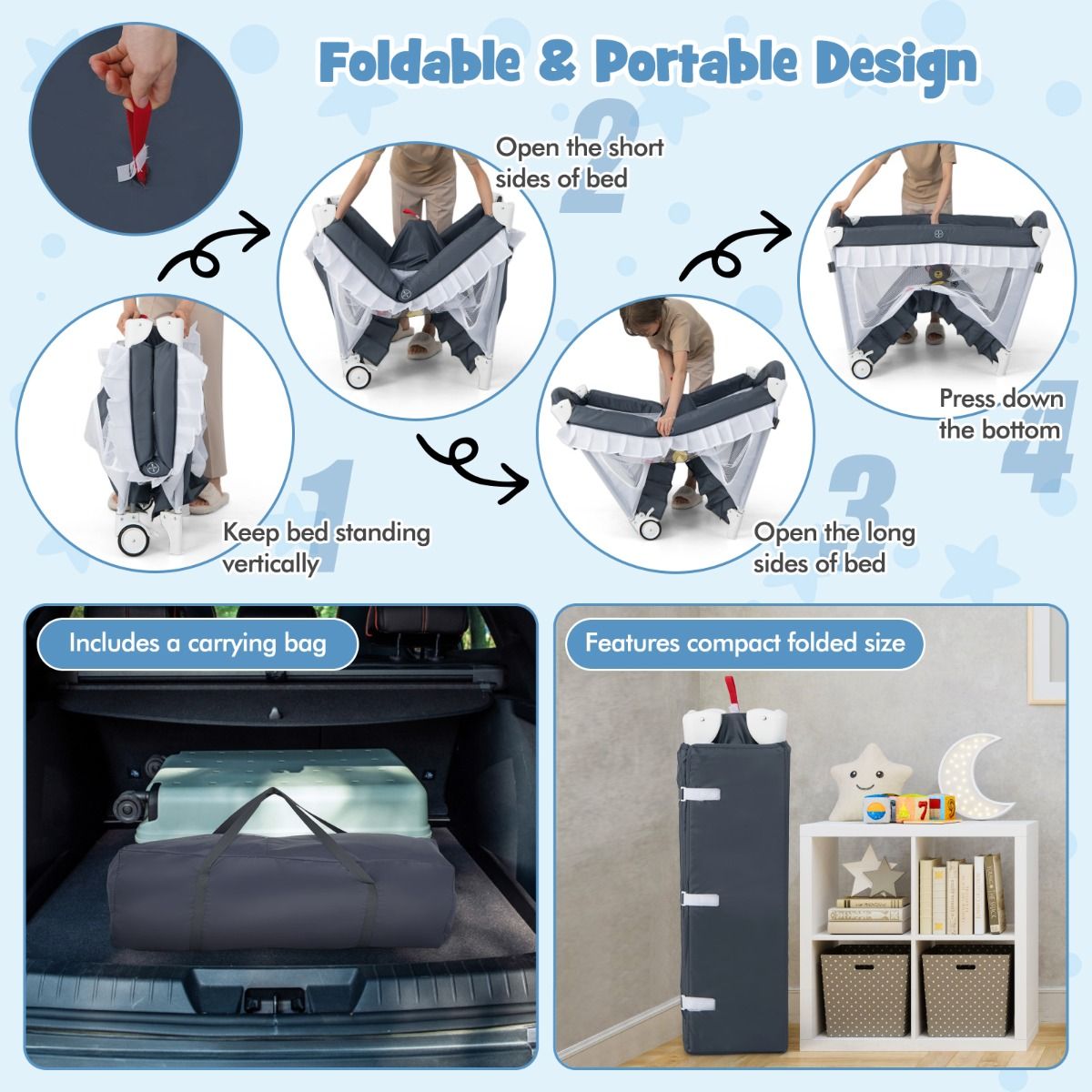 Coast Opvouwbaar Ledikant - 4-in-1 babybed met luiertafel en muziekdoos - grijs