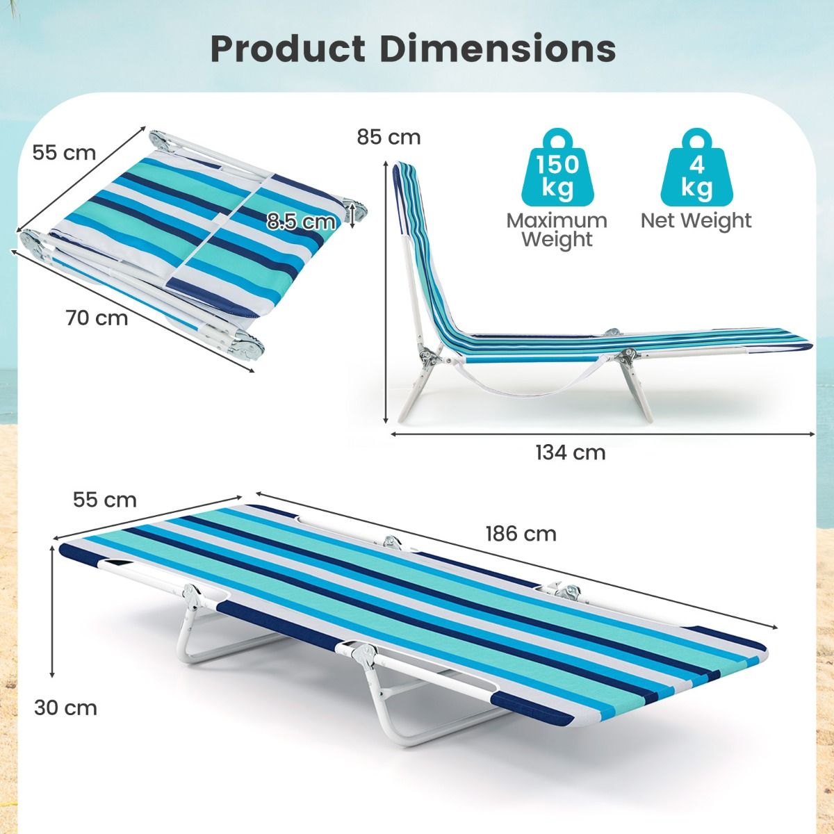 Coast Opvouwbare Ligstoel 2-Delig - 5 Standen Verstelbaar - Marineblauw - 186x55x30 cm