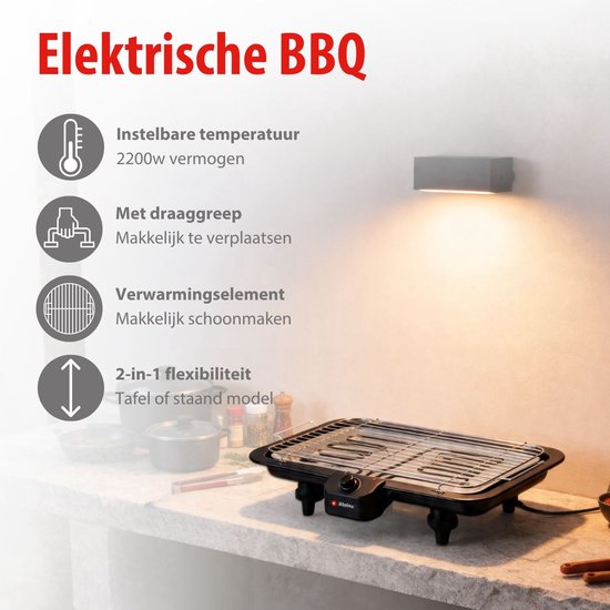 alpina Elektrische BBQ 2-In-1 2200W - Electrische BBQ Tafelmodel met Thermostaat - Elektrische Grill met Warmhoudfunctie - Tafelgrill Electrisch met Verstelbaar Rooster - 51 x 30 cm - Zwart