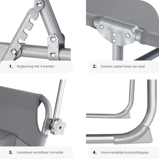 tectake® - ligstoel, robuust, verstelbaar, stalen onderstel met zonnescherm, 4-standen rugleuning inclusief hoofdkussen, strandstoel Ideaal voor tuin, zwembad, camping - grijs