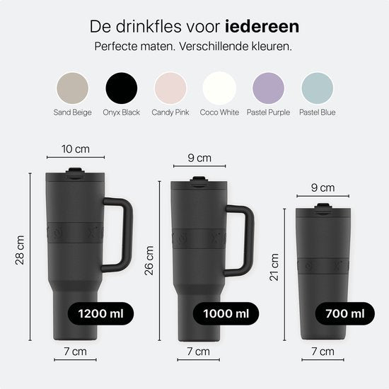 ONYX Drinkfles met Rietje 1 Liter - Waterfles voor Kinderen & Volwassenen - Thermosbeker RVS Travel Mug - Motiverende Drinkbus - Drinkbeker voor School - Onyx Black