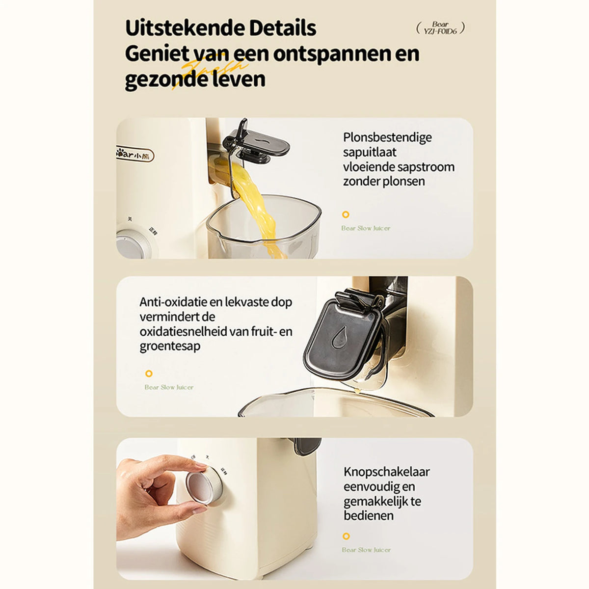 Bear Slowjuicer met 80mm Opening - Sappersen zonder Snijden