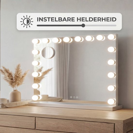 Bayt Hollywood Spiegel - Make up Spiegel - Spiegel - Hollywood Spiegel 80x60 - Dimbaar - 10x Vergroting - Met Verlichting en Bluetooth - USB aansluiting - 80x60 - Wit