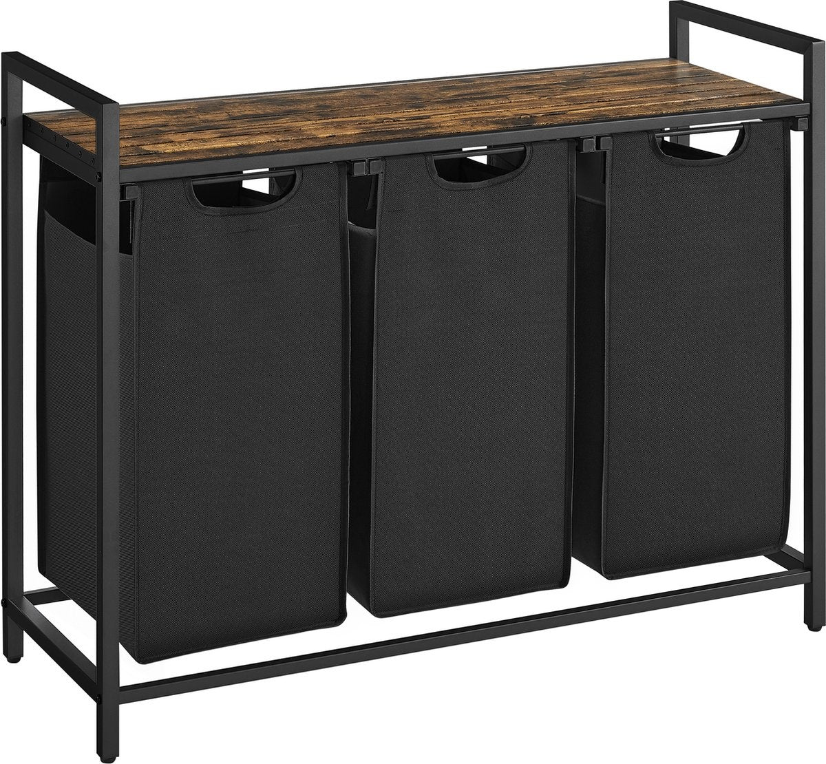 O'DADDY Wasmand met 3 Vakken – Houten Bovenblad & Metalen Frame – 114L – 92,5 x 33 x 71 cm – Zwart & Rustiek Bruin