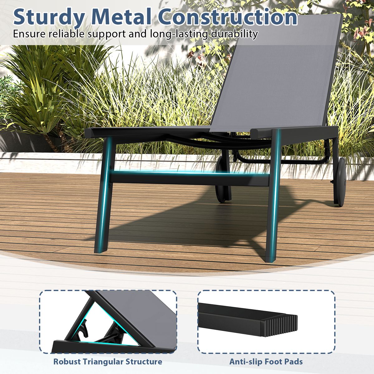 Coast tuinligstoel op wielen - 6 verstelbare standen - ademende bekleding - grijs - 1 stuks