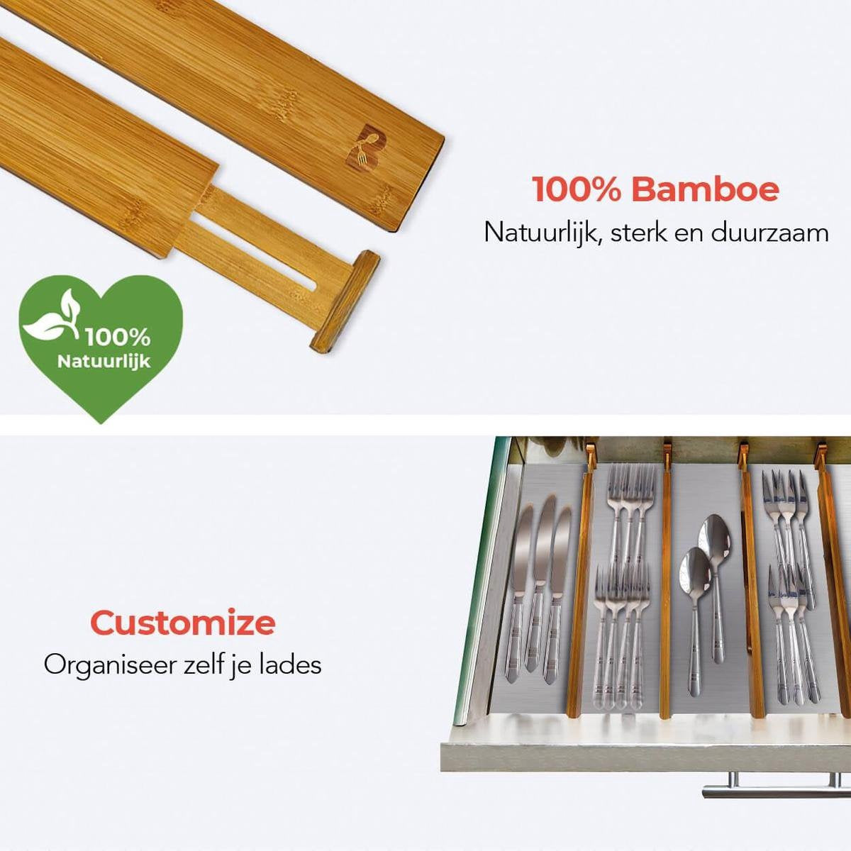 KitchenBrothers Ladeverdeler - Lade Organizer - Uitschuifbaar - Verstelbaar - 4 Stuks - Bamboe