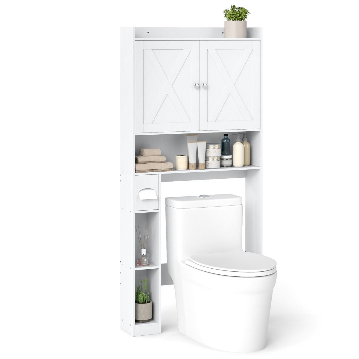 Coast Toiletkast Met Dubbele Deuren - Verstelbare Legplanken - Toiletrolhouder - Gewassen Grijs/Wit - 81,5 x 19,5 x 172 cm