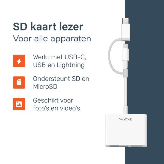 Skoov SD Kaart Lezer - Card Reader voor iPhone en USB-C - Micro SD en SD Kaartlezer - Lightning Adapter - Geheugenkaartlezer - SD en Micro SD Reader - USB naar USB C