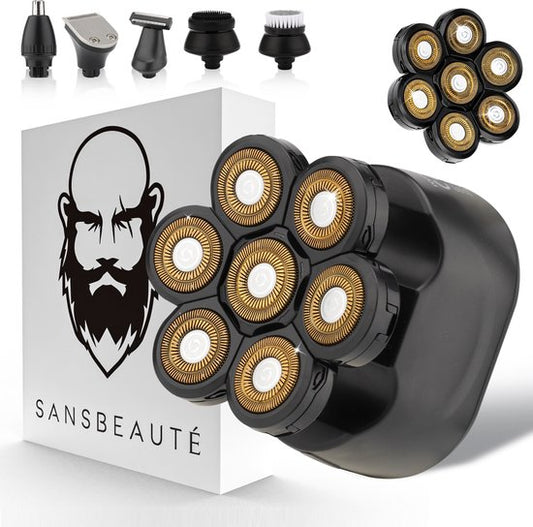 6-in-1 Scheerapparaat Mannen + Extra Scheerkop – Trimmer - Tondeuse - Sansbeauté® SkullSharp Classic | 7 Blade - Skull Shaver - Electric Face & Head Shaver - Hoofd Kaal Scheren – Nat & Droog - Elektrisch