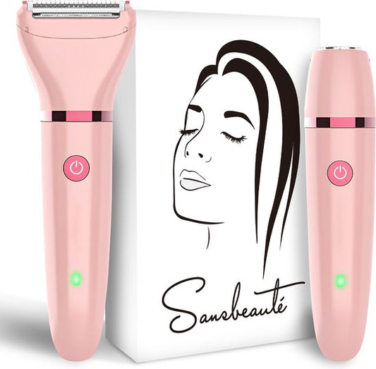 2-in-1 Ladyshave Gezicht - Oksels - Benen - Bikinilijn - Sansbeauté® - Scheerapparaat Vrouw - Ontharingsapparaat Electrisch Ontharen - Gezichtsontharing Dames - Trimmer Vrouw - Ladyshaves Bikini - USB Oplaadbaar