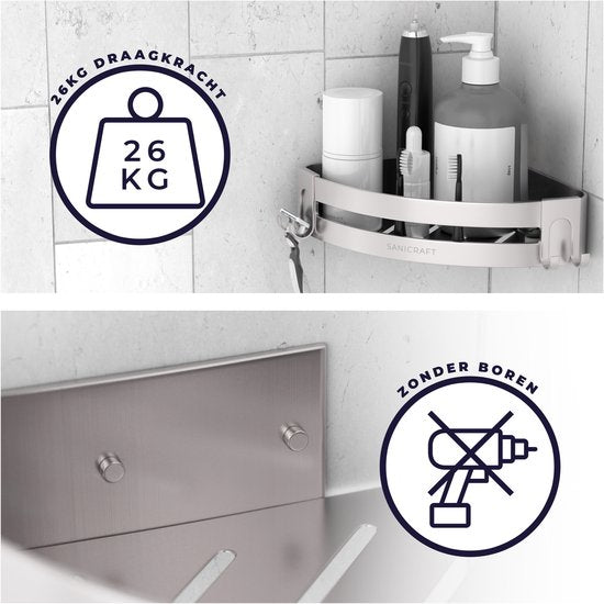 Sanicraft® - Doucherek - Doucherek zonder Boren - Geschikt voor elk type Muur - Doucherek Hangend - Doucherekje Hoek - Doucherekje - Doucheplank - Roestvrij - 2 Stuks