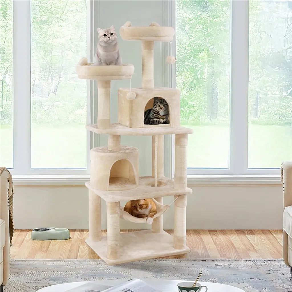 Yaheetech Krabpaal Beige – 158 cm Hoog – Met 2 Platforms, 2 Kattenhuisjes en 5 Sisal Krabpalen