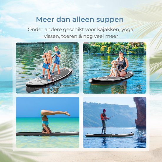 Supper Sup Board - Max. 120KG - Opblaasbaar – Paddle Board – Pomp – Vin – Leash – Draagtas – 285 x 76 cm - Zwart