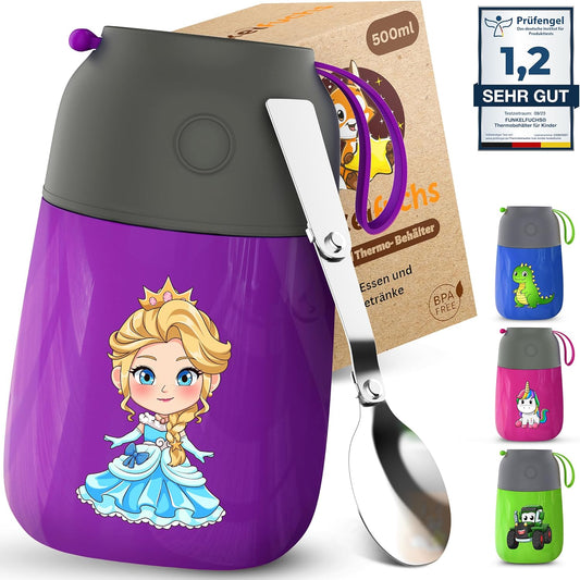 Funkelfuchs® thermosbeker voor kindervoeding - 500ml, paarse prinses - 100% lekvrij - roestvrijstalen warmhoudbeker - thermische beker - thermische lunchbox - babyvoeding