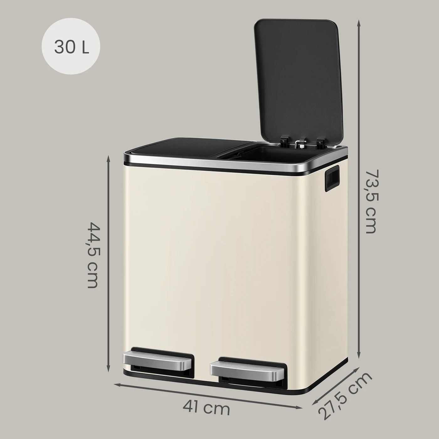 Joyfurnos Dubbele Pedaalemmer - Beige & Zwart - 2 x 15 Liter - Softclose Deksel - Staal - 41,8 x 35,9 x 44,5 cm