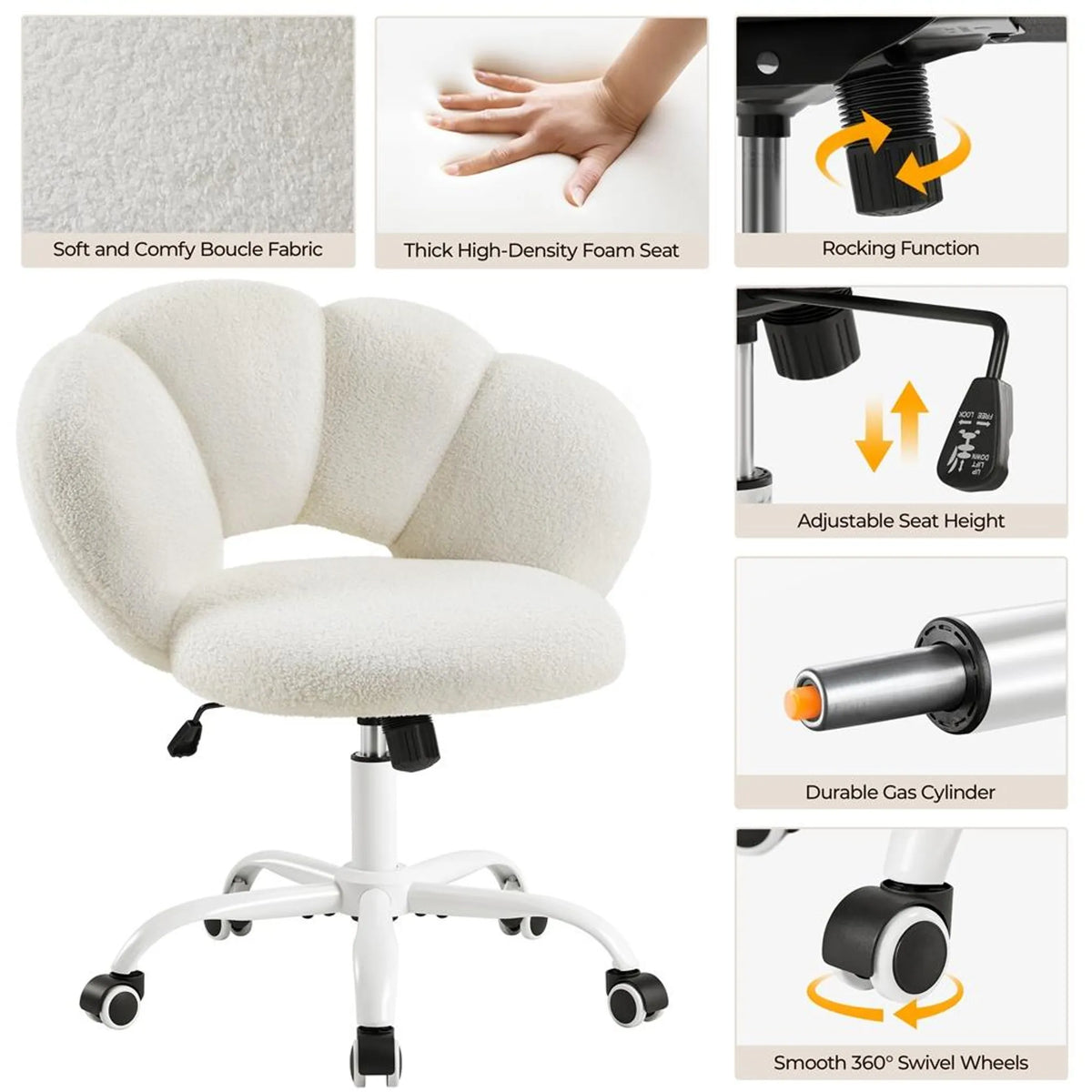 Yaheetech Wolkvormige Bureaustoel – Ergonomisch, Bouclé, 60 × 70 × 72–82 cm – Wit