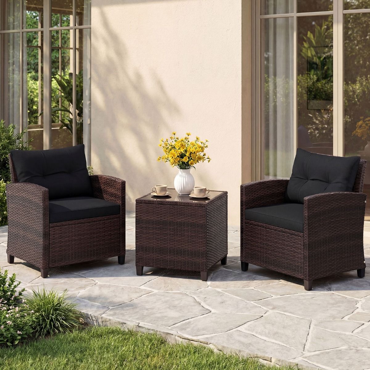 Coast 3-delige tuinset - rotan bistroset met 2 stoelen en tafel - gehard glas en kussens - zwart