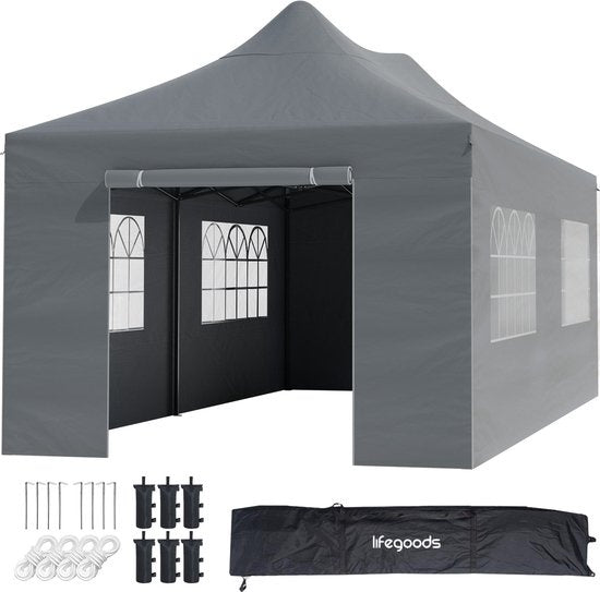 LifeGoods Partytent - Paviljoen - EasyUp - Opvouwbaar - 4 Zijwanden - Waterdicht - Met Draagtas met wieltjes - 300 x 600 cm - Donkergrijs