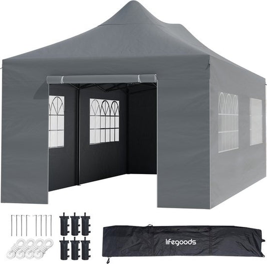 LifeGoods Partytent - Paviljoen - EasyUp - Opvouwbaar - 4 Zijwanden - Waterdicht - Met Draagtas met wieltjes - 300 x 600 cm - Donkergrijs
