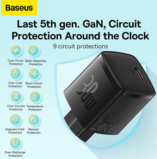 Baseus GaN5 30W Compacte Snellader USB-C PD Zwart