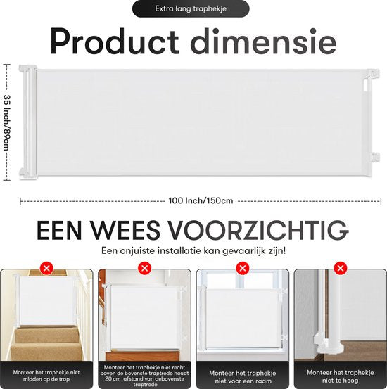 Oprolbaar Traphekje met stickerfunctie - Veiligheidshekje - Verstelbaar - Hondenhekje - Traphekje zonder boren - Kinderhekje - Voor dieren en kinderen - 10 tot 150 cm breed - Wit - Sweet Sprout