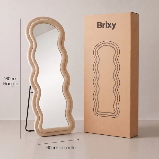Infinity Goods Passpiegel Wavy - 160x60 cm - Design Wandspiegel - Gestoffeerde Staande Spiegel - Suède - Beige