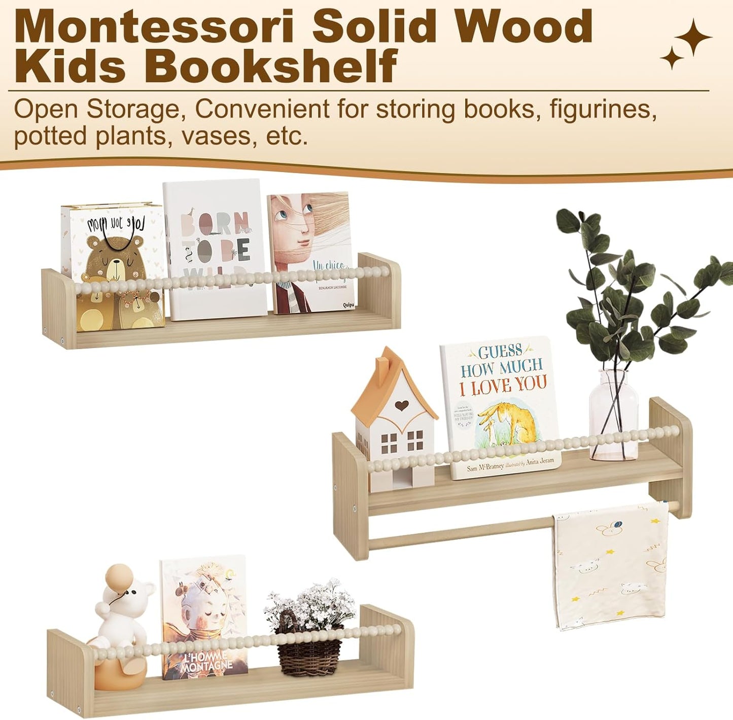 Woltu Kinderboekenplank Set van 3 Wandplanken - Massief Dennenhout Naturel - 50 x 14 x 15 cm - Zwevende Montessori Boekenplanken voor Kinderkamer
