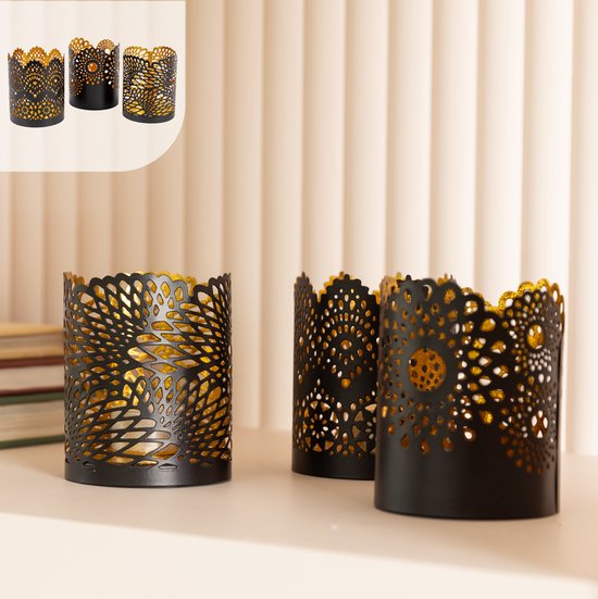 Gadgy Waxinelichthouder Rond - Theelichthouders Set van 3- Decoratie Woonkamer - Sfeerverlichting Binnen - Kaarsenhouders voor Waxinelichten 8.5x10.5 cm - Windlicht Metaal - Zwart/Goud - Cadeau voor Vrouw - Kantpatroon