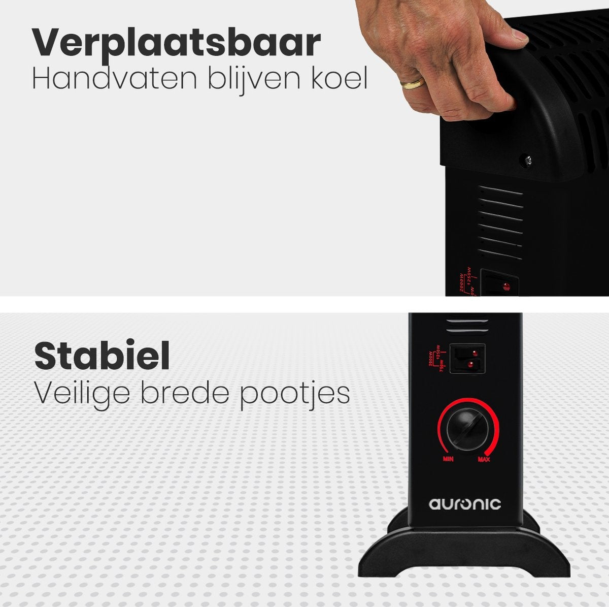 Auronic Elektrische Convectorkachel - 750/1250/2000 Watt - Verstelbare Thermostaat - Zwart