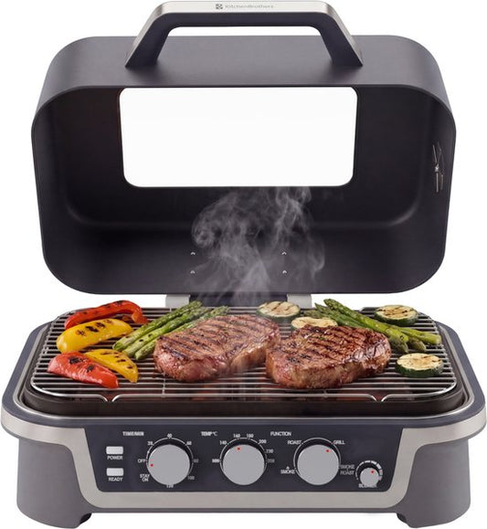 KitchenBrothers Elektrische BBQ en Smoker - Tafelmodel voor Balkon - 90°C tot 250°C - 2600W - Tafel BBQ - Met Kijkvenster
