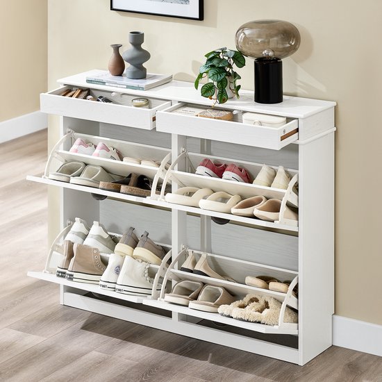 SoBuy FSR79-WG Schoenenkast met 4 kleppen, schoenenkast, entree, schoenenkast, schoenenrek, 16 paar, voor hal, entree, 103 x 23 x 82 cm, antiek houteffect, wit