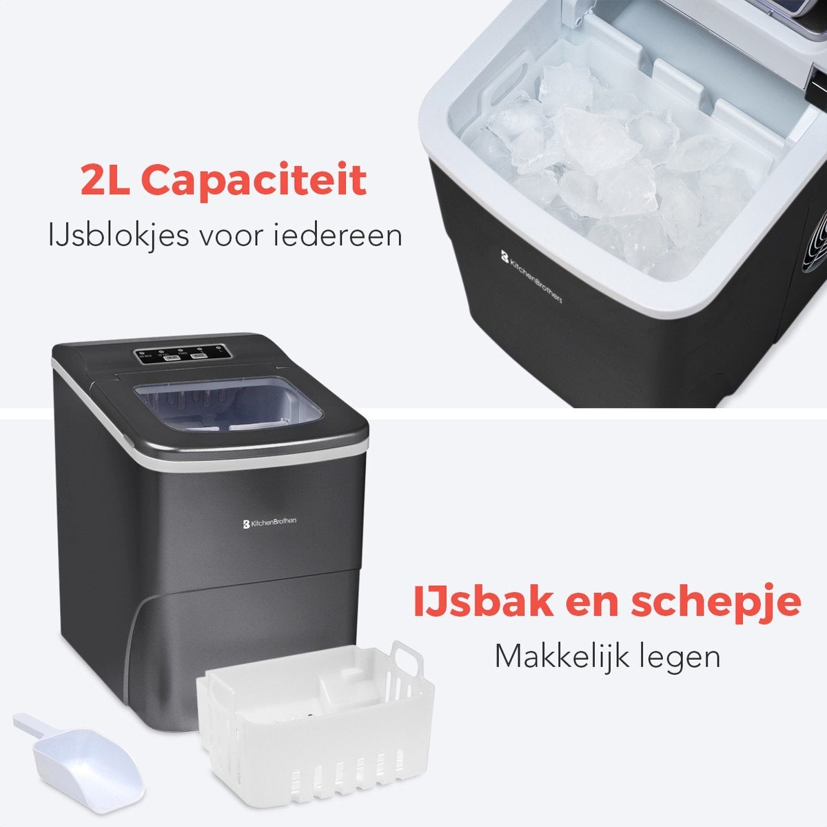 KitchenBrothers IJsblokjesmachine – Incl. IJsschep – 12 kg/24u, 2 liter – 22,2 x 31,3 x 32 cm – Zwart