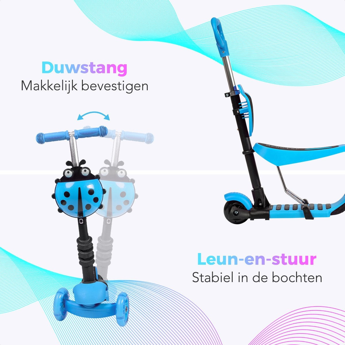 LifeGoods MultiRider - Kinderstep met Duwstang - 3 tot 8 Jaar - Jongens/Meisjes - 2 Lichtgevende Wielen - Blauw