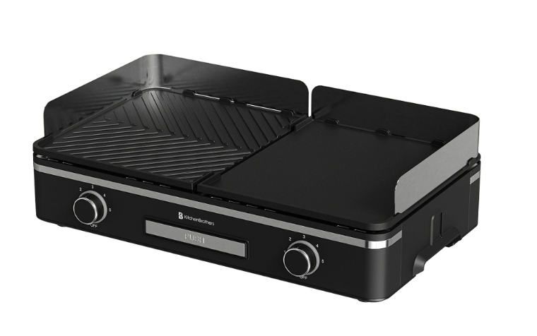KitchenBrothers Elektrische Grillplaat KB4204 - 2400W - 2 Zones - Geribbeld & Vlak - Zwart - 50x30 cm
