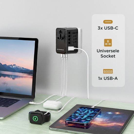 Remodius® Wereldstekker PRO - 220+ landen - Universele Reisstekker met PD100W Ultra USB C Snelladen voor Laptops, Telefoons, Tablets, en meer - 3x USB-C - 1x USB-A