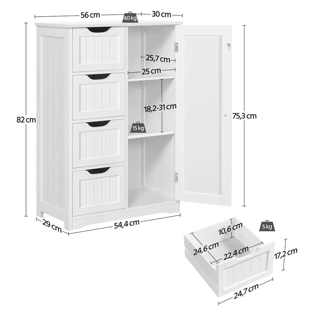 Yaheetech Badkamerkast - 56x30x82 cm - Opberging - Laden - Verstelbaar - Compact - Wit