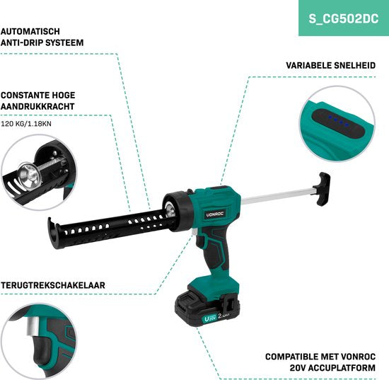 VONROC Accu Kitspuit 20V - duwkracht 1.18kN/120kg - anti-drup systeem - variabele snelheidsregeling - geschikt voor alle gangbare kitpatronen - Incl. 2.0Ah Accu en snellader
